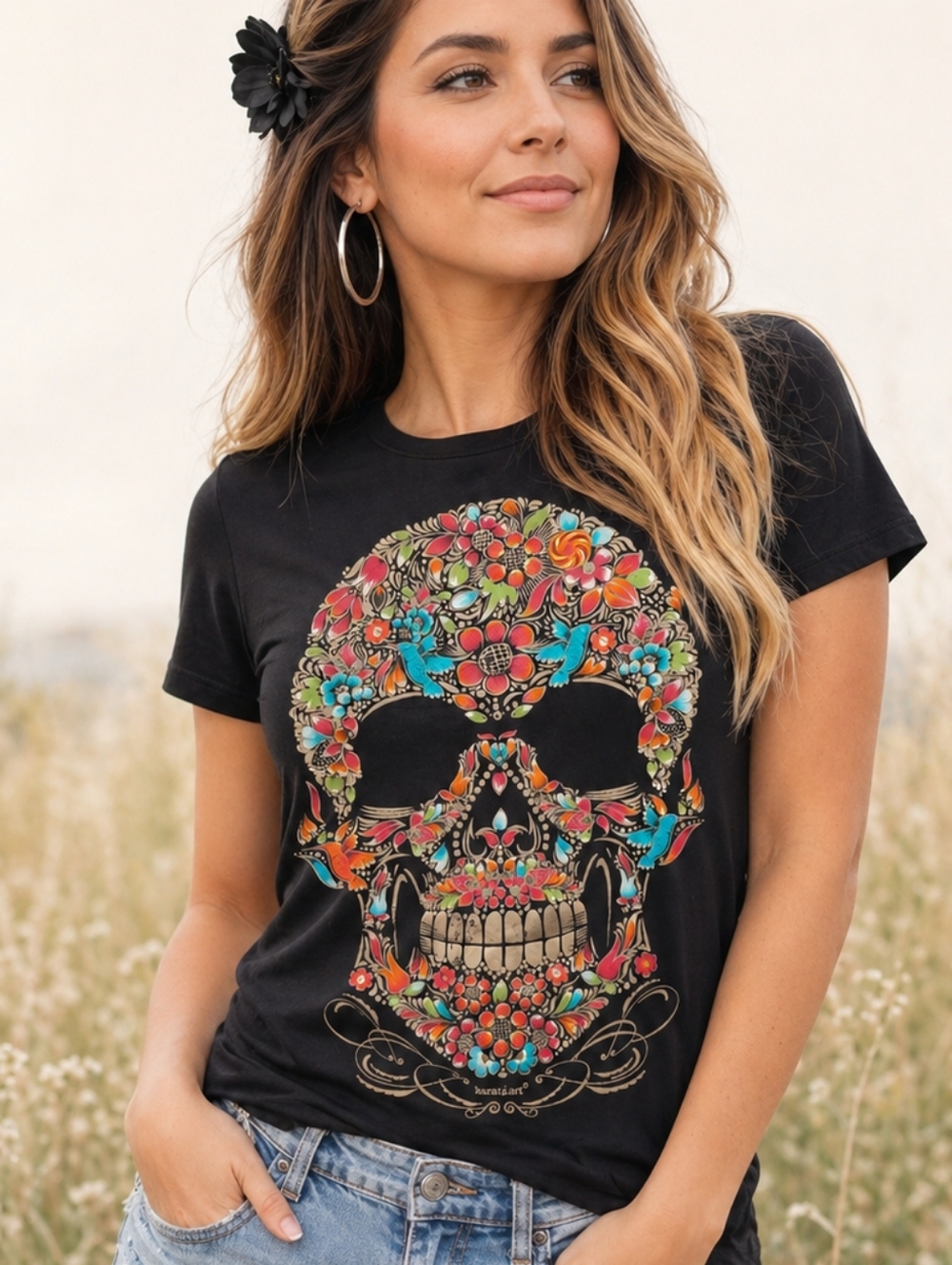 KARANI-ART💀Black Floral Skull Graphic Tee,Short Sleeve, Wear on Graphic Fits S